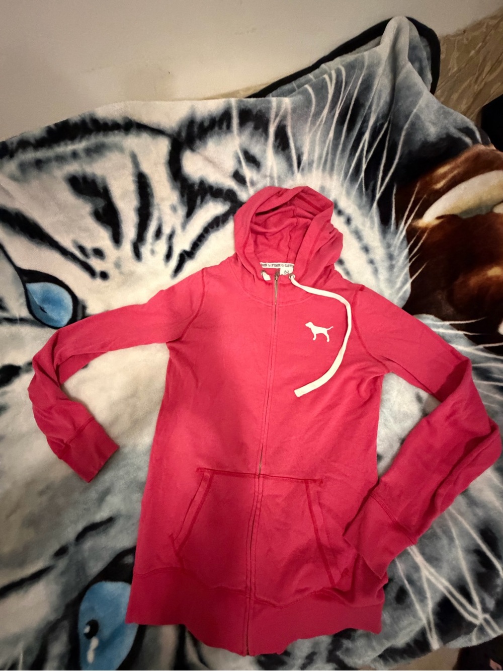 PINK Victoria's Secret Hot Pink Zip Hoodie with White Drawstrings